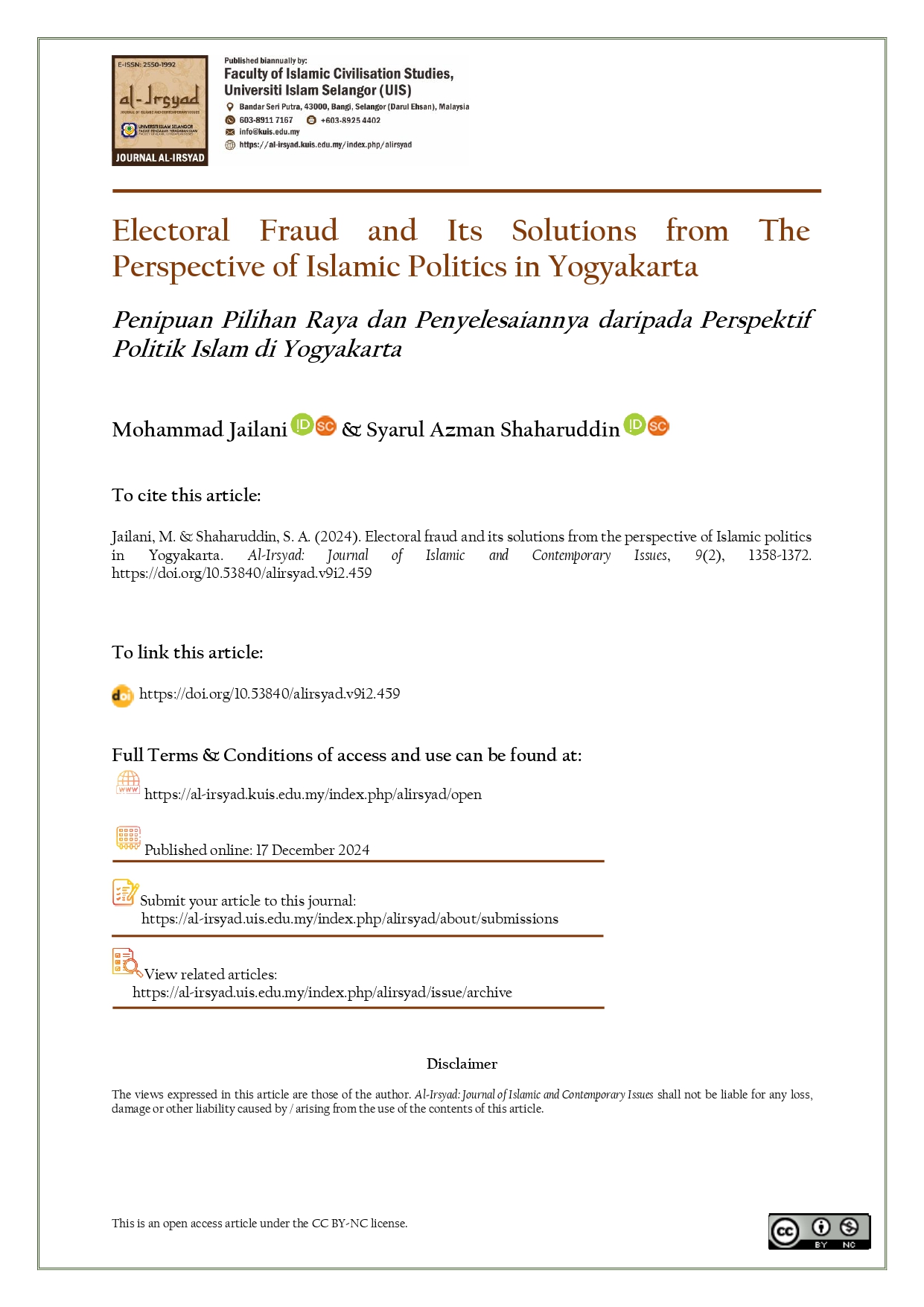 Electoral Fraud and Its Solutions from The Perspective of Islamic Politics in Yogyakarta