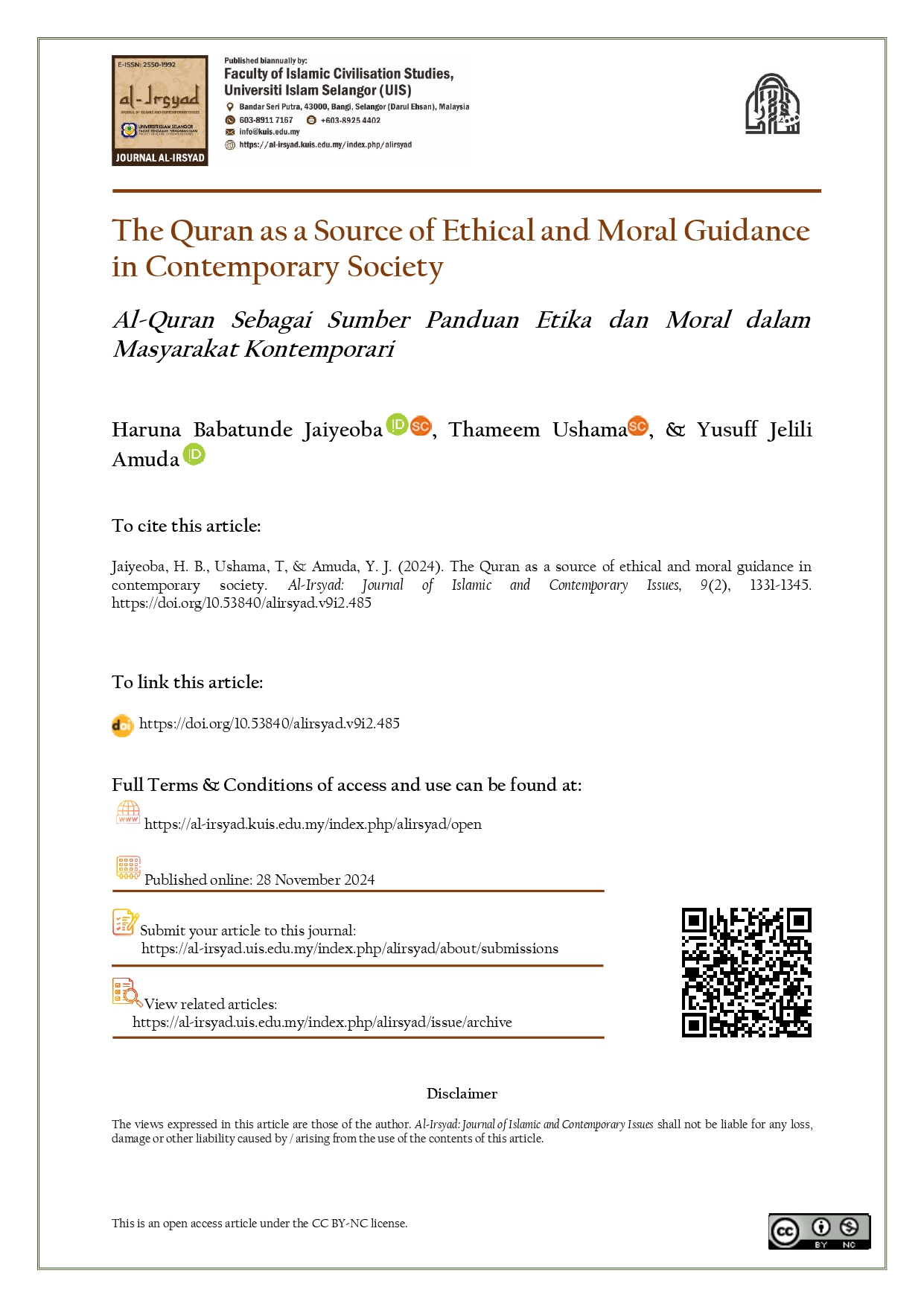 The Quran as a Source of Ethical and Moral Guidance in Contemporary Society