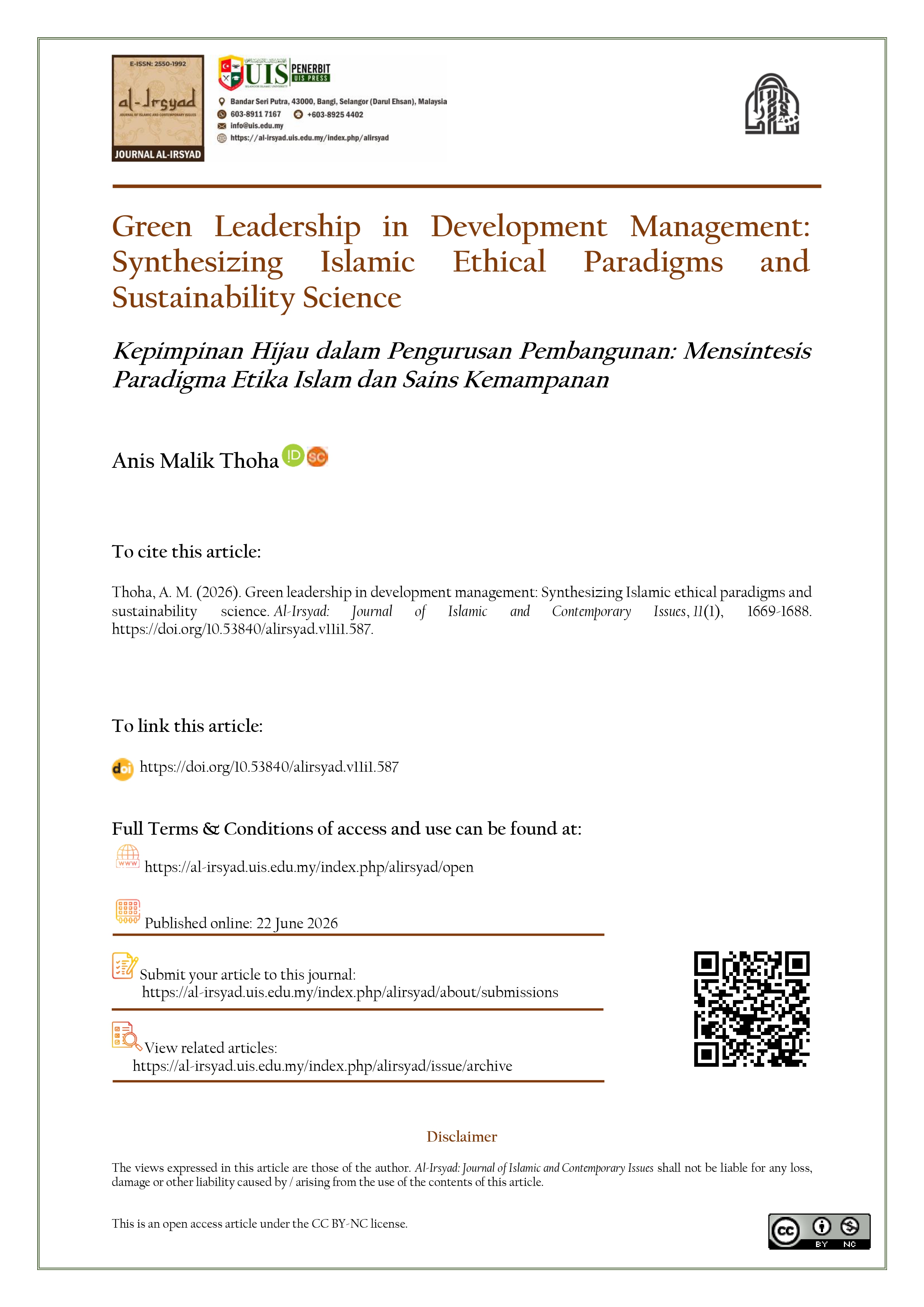 Green Leadership in Development Management: Synthesizing Islamic Ethical Paradigms and Sustainability Science